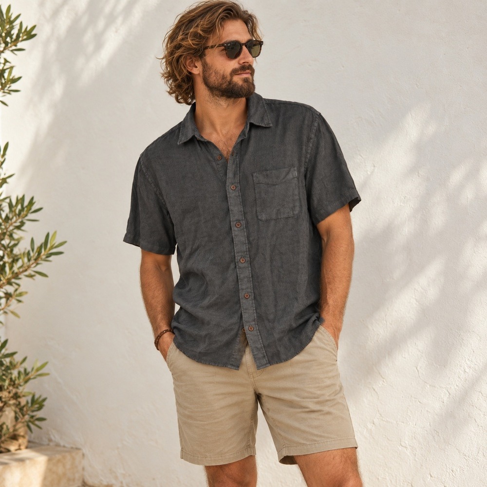 Faherty Palma Linen Shirt Small Washed Black Basketweave Short Sleeve Coastal